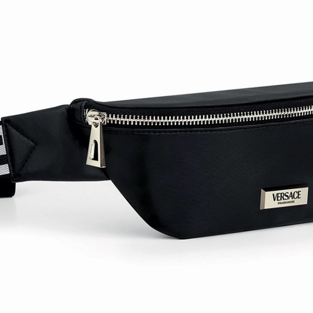 Versace Black Leather Logo Belt Bag with Silver Hardware